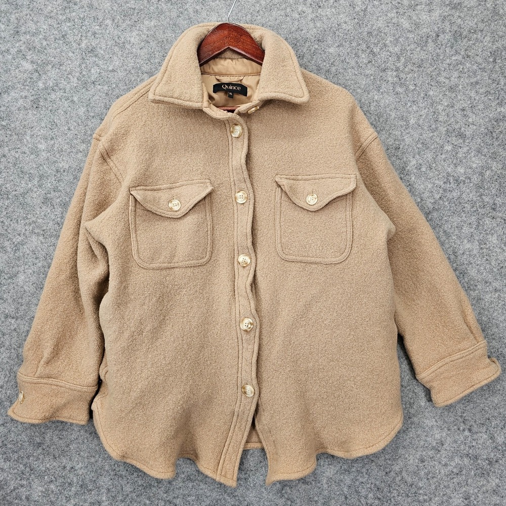 Quince Shirt Jacket Women L Camel Tan Merino Wool Shacket Utility Oversized Boxy